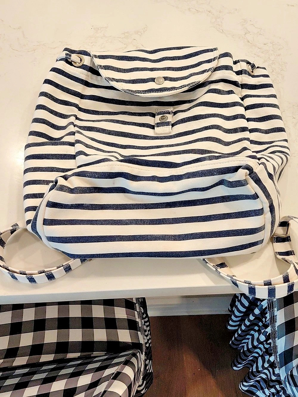 BAGGU Sailor Stripe Canvas Drawstring Backpack Blue & White...EUC